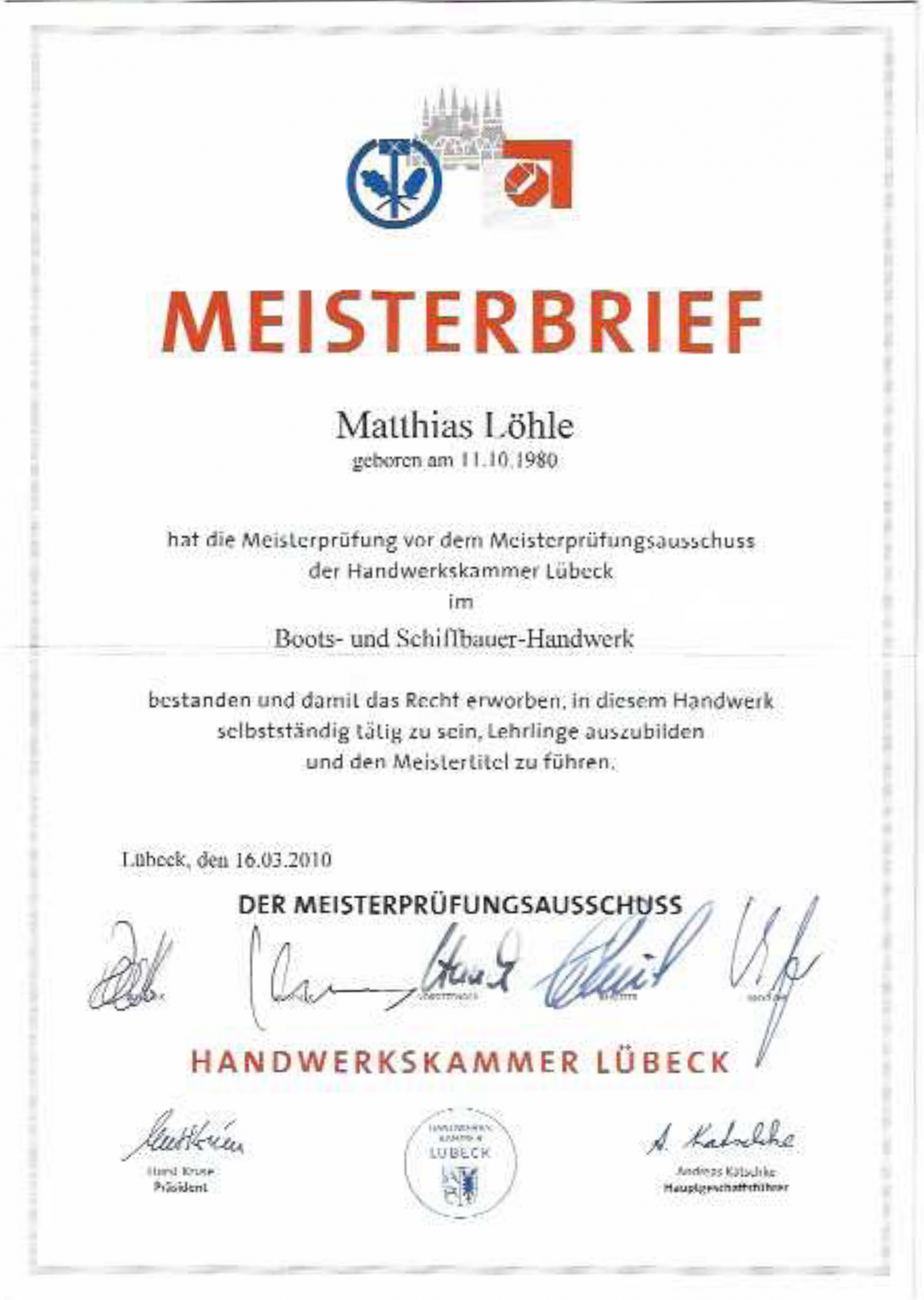 Meisterbrief Boots- und Schiffbauerhandwerk